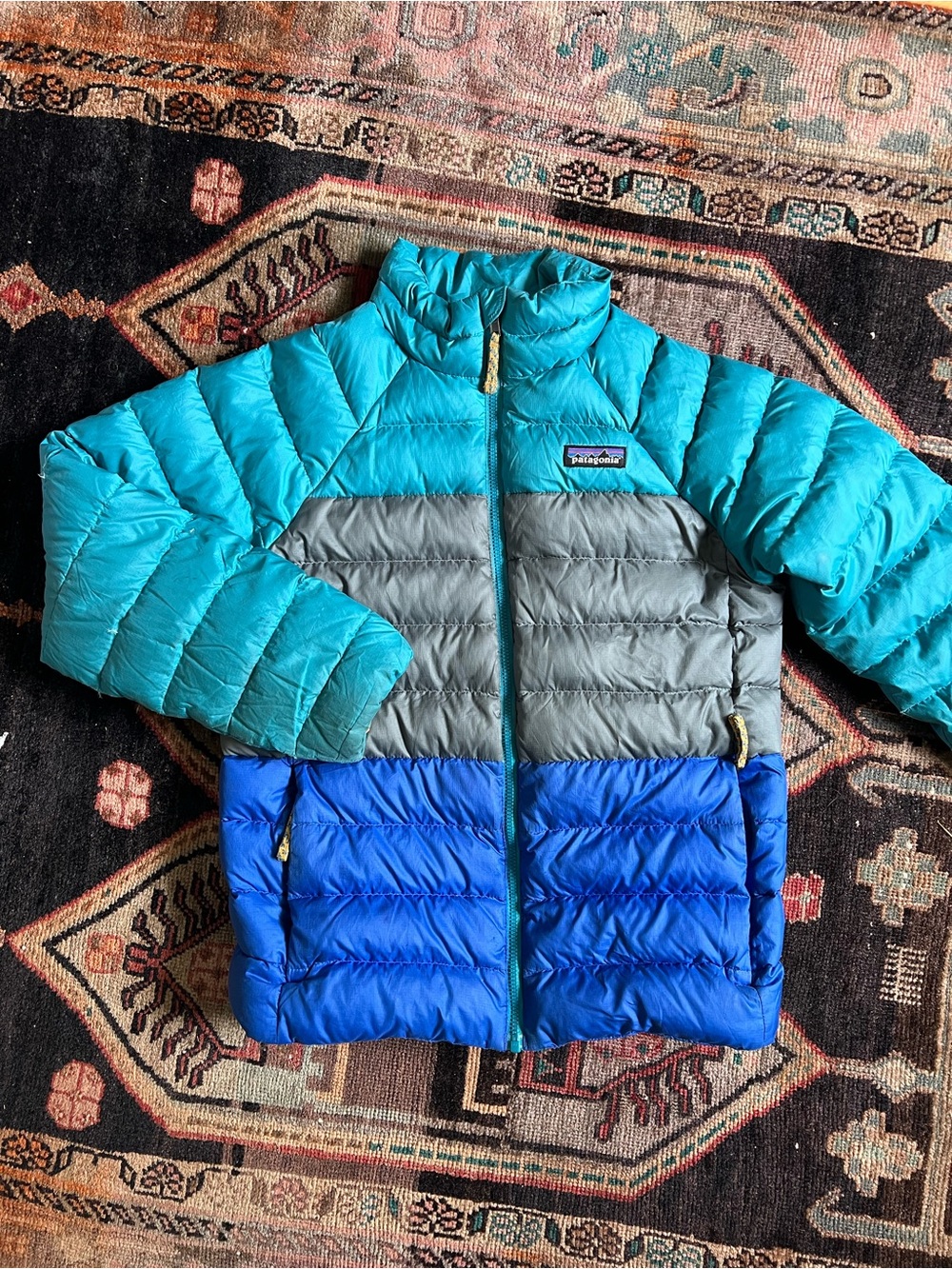 Patagonia Colorblock Puffer Jacket in Teal, Gray, and Blue